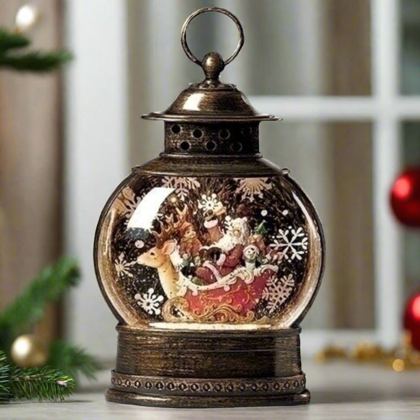 Roman Santa Deer Sleigh Lantern Led Swirl Water Dome