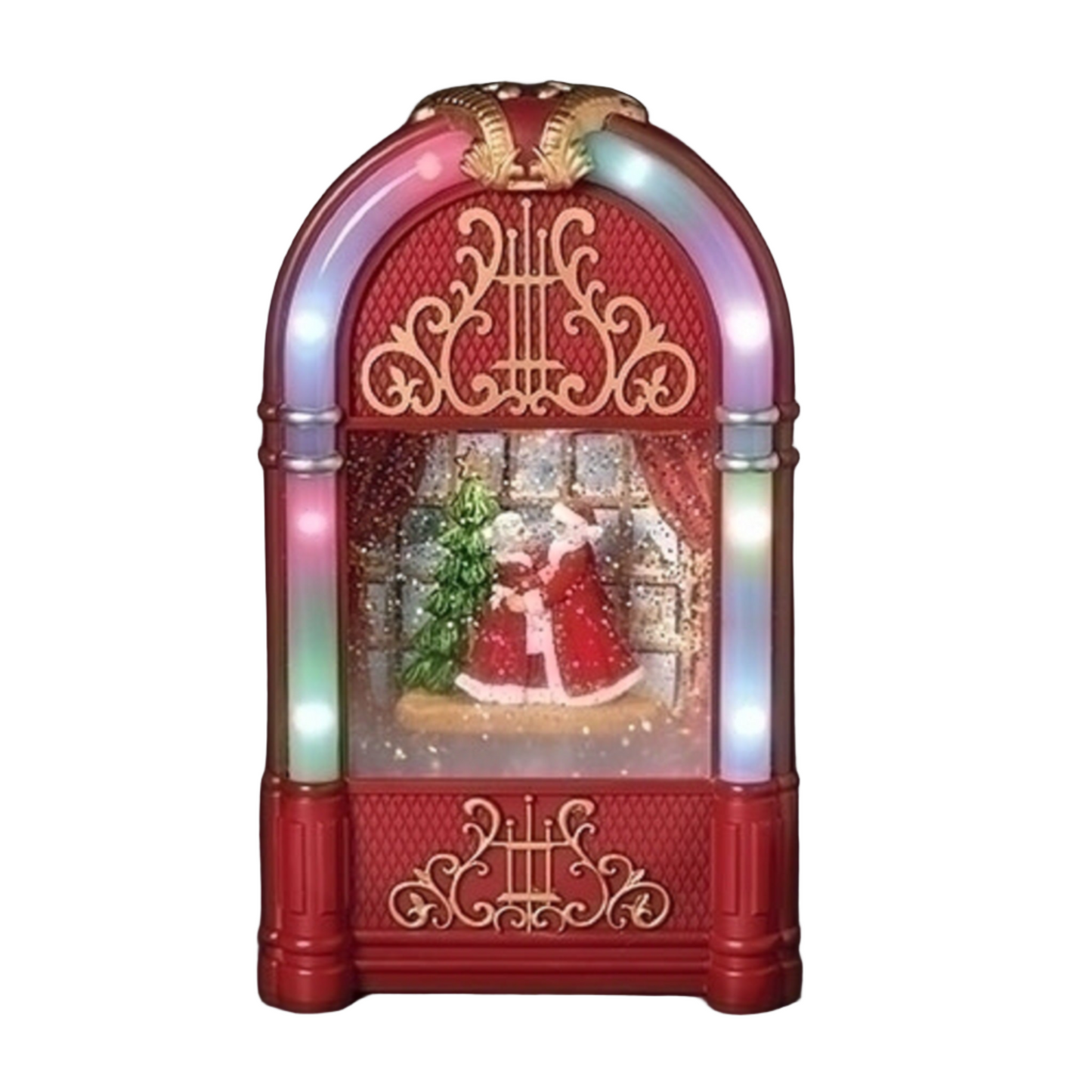 Roman Lighted Swirl Juke Box Dancing Santa and Mrs. Claus, 9.75-inch Height, Plastic