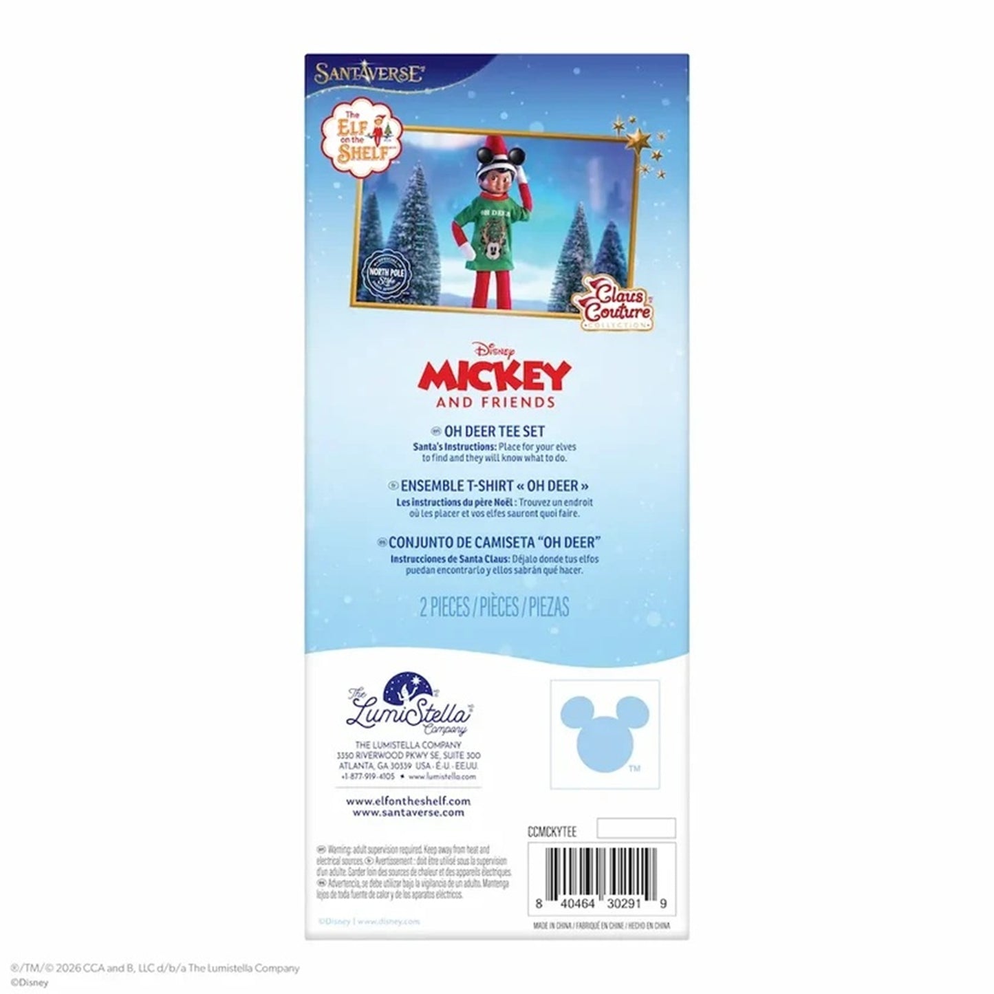 Back of a Santa Anna's Disney Mickey and Friends 'Oh Deer' tee set package, showing product details, branding, and a barcode on a white background.