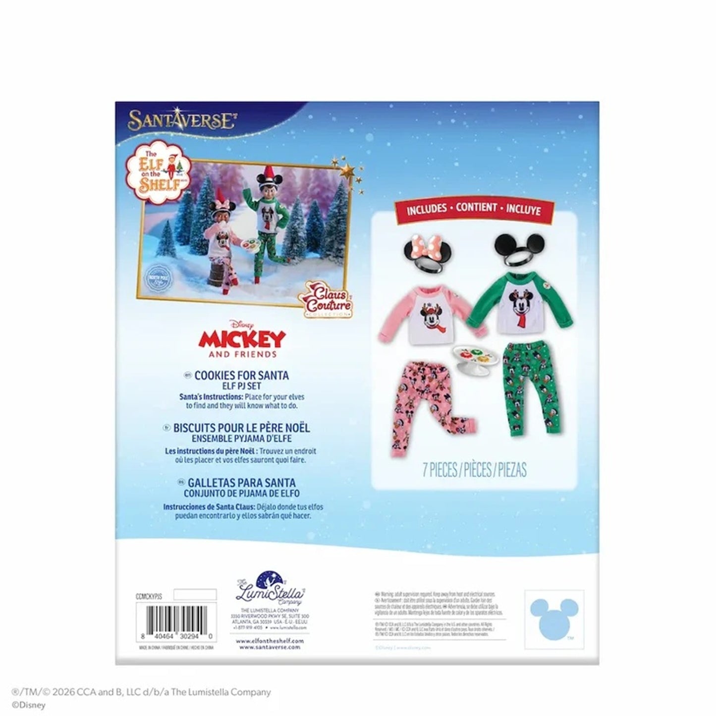 Disney Mickey Afternoon Santa Cookie for Santa Elf Party kit packaging, showing the back of the box with product contents including a Santa outfit, elf hat, pajamas, and cookies on a white and blue background.