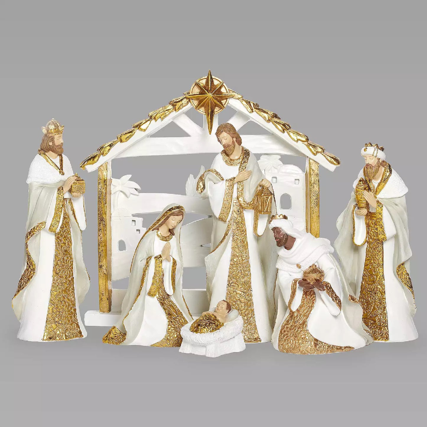 Roman 7-Piece Nativity White And Gold Holiday Table Decor Set