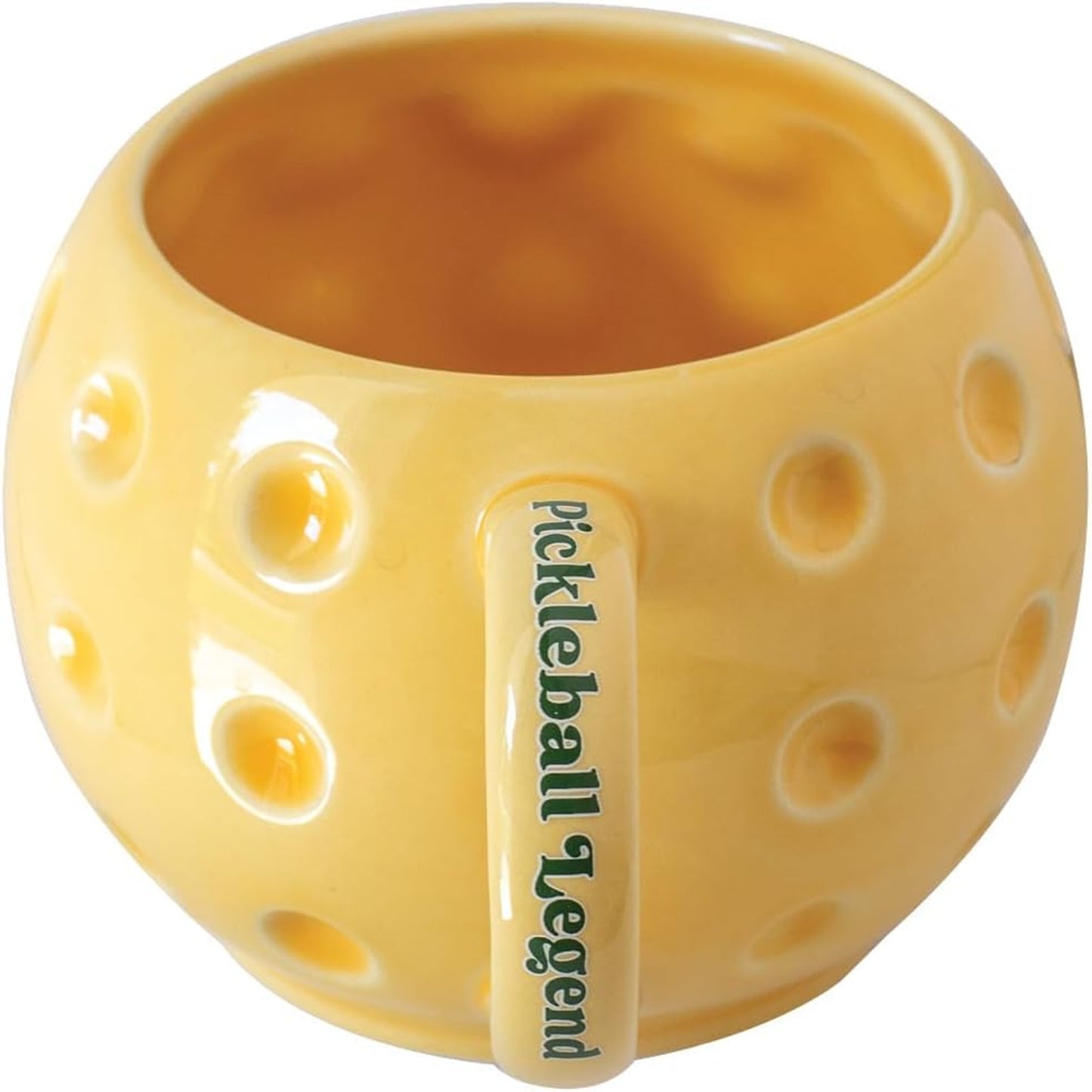 Yellow pickleball-shaped mug with 'Pickleball Legend' branding on a white background