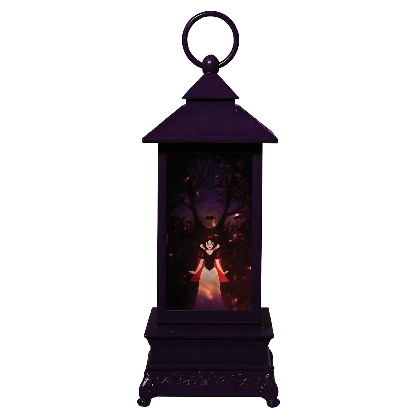 A dark purple lantern-shaped decorative light with a hanging ring at the top and a glowing printed scene inside showing a woman in a red dress standing in a forest.