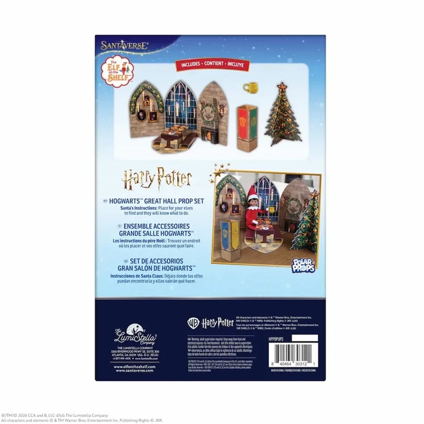 Back packaging of the Sanrio Harry Potter Hogwarts Great Hall Prop Set, showing product photos of the assembled prop set and accessories on a blue and white box.