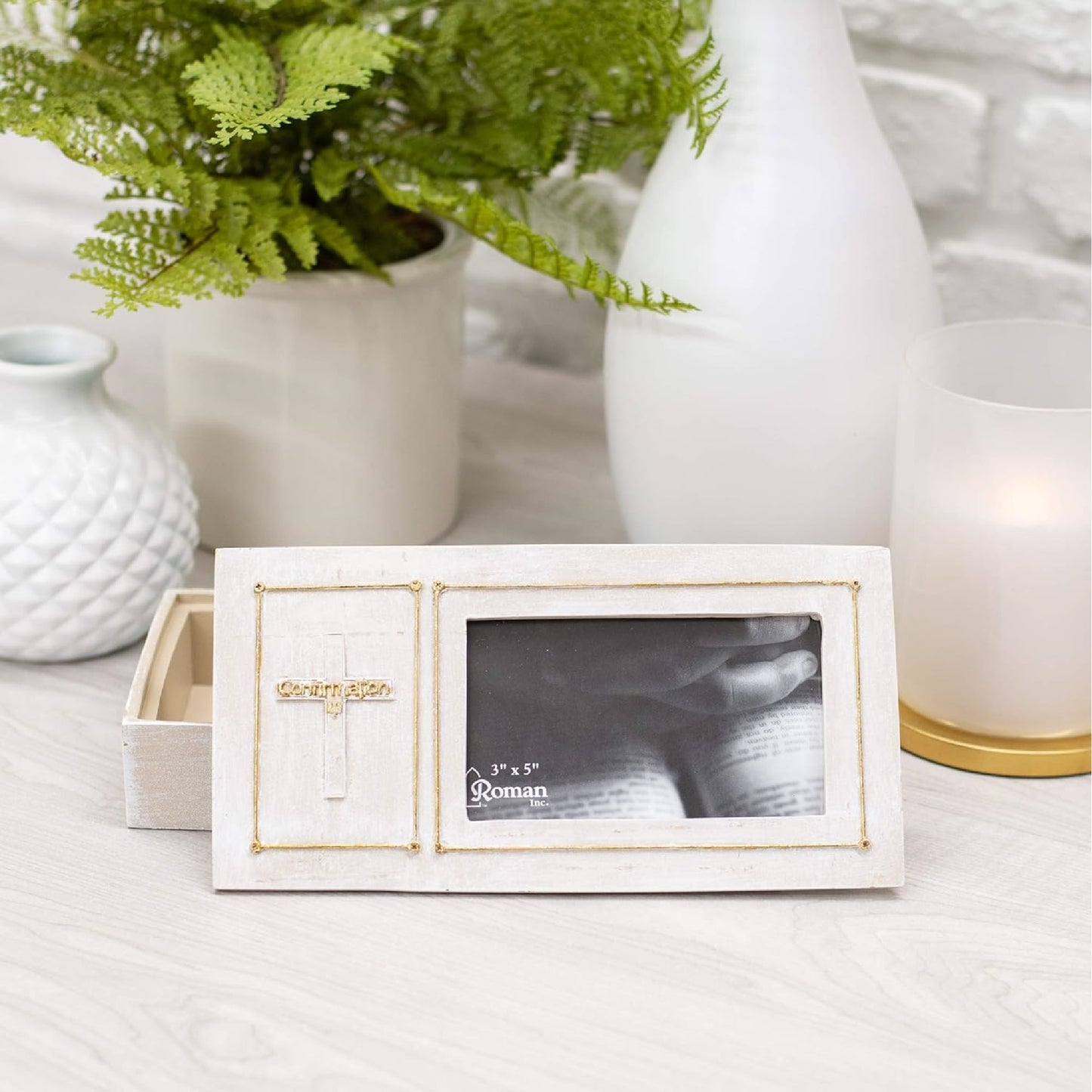 Roman Keepsake Confirmation Box with Cross and Frame 1.75" H
