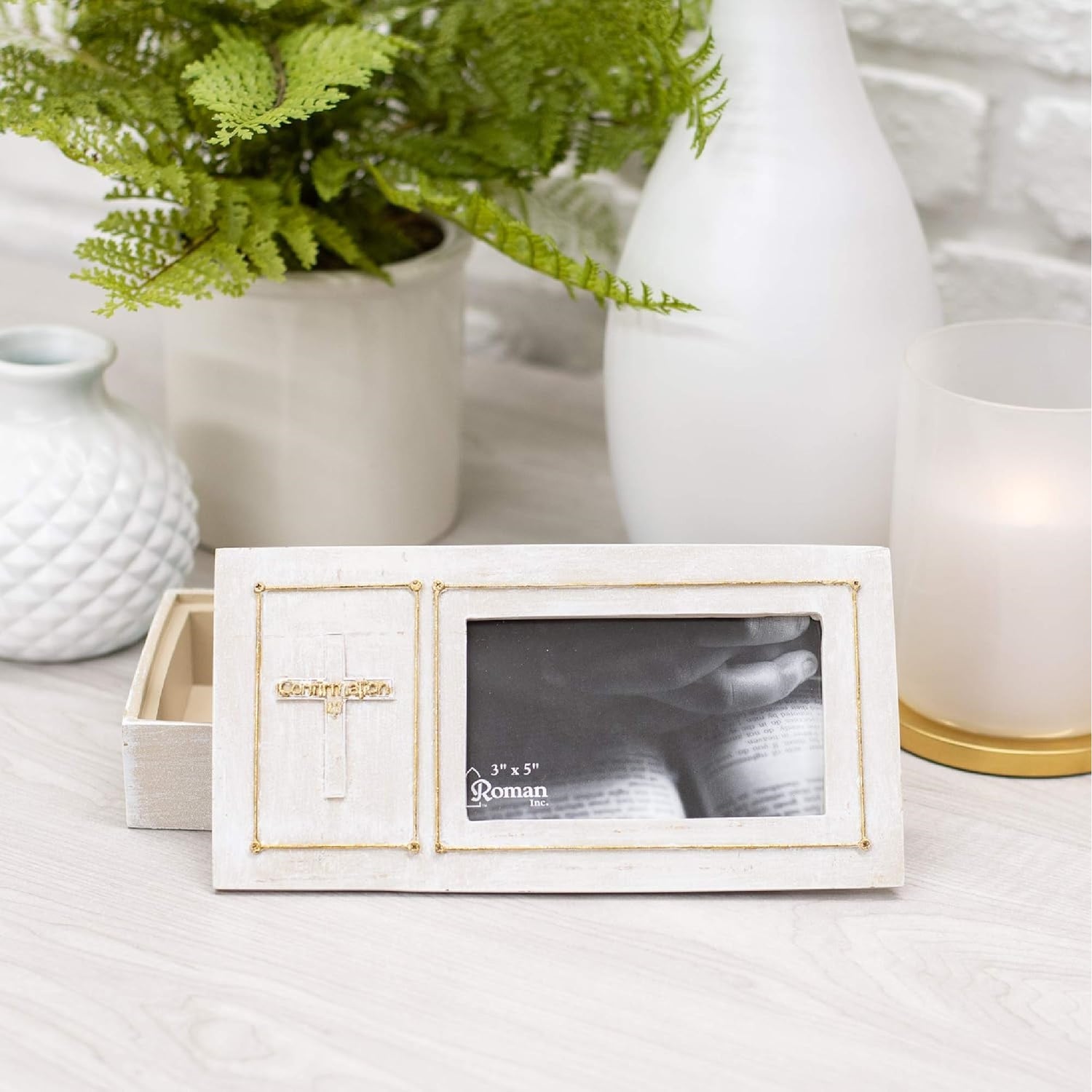 Roman Keepsake Confirmation Box with Cross and Frame 1.75" H