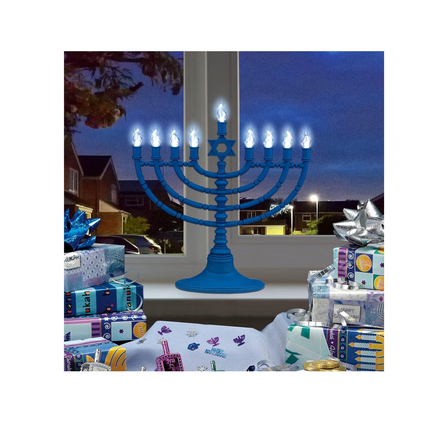 LED Battery Operated Menorah - Blue