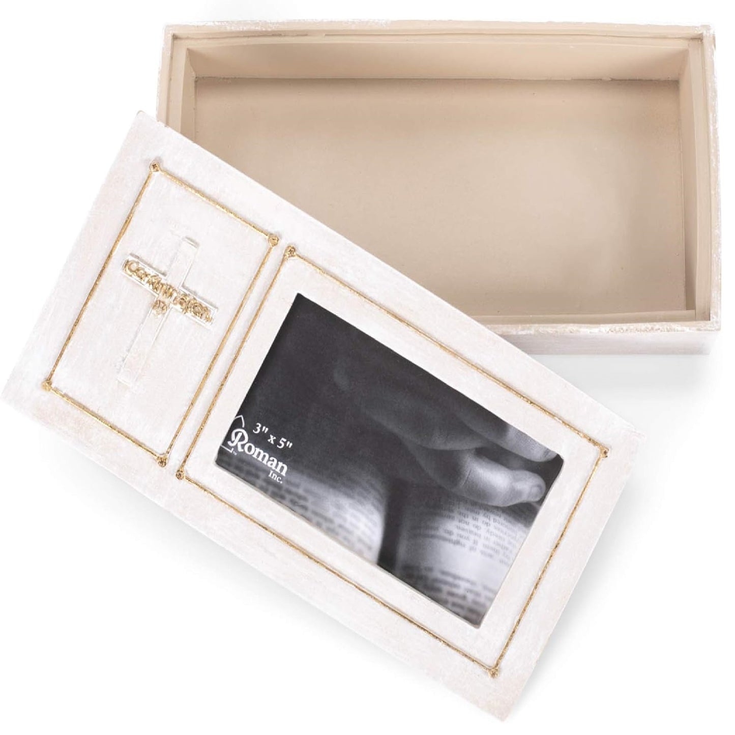 Roman Keepsake Confirmation Box with Cross and Frame 1.75" H