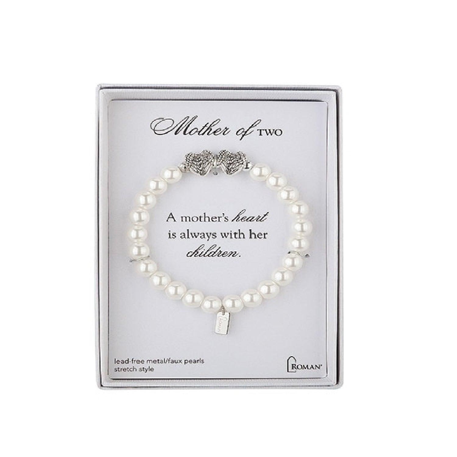 Roman Mother of Two White Faux Pearl Stretch Bracelet 7"