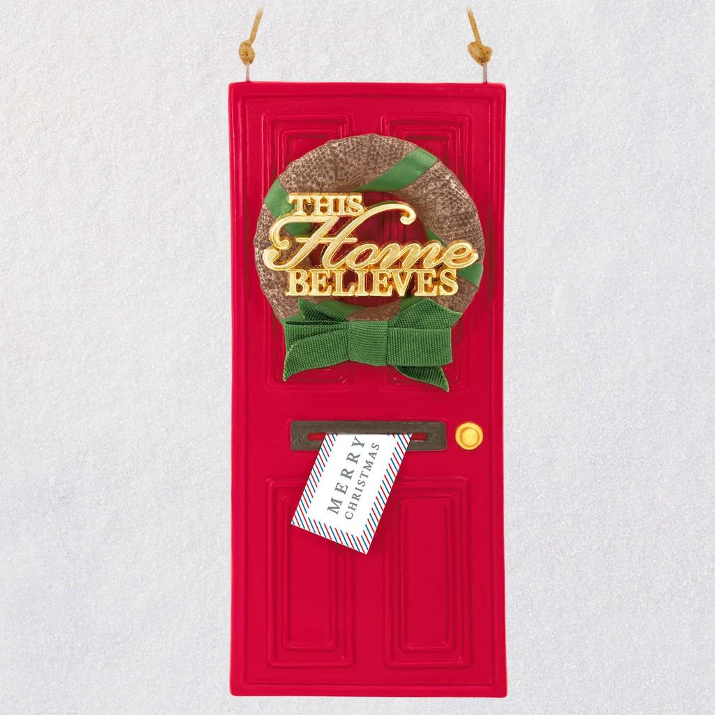 This Home Believes Red Door With Wreath Ornament