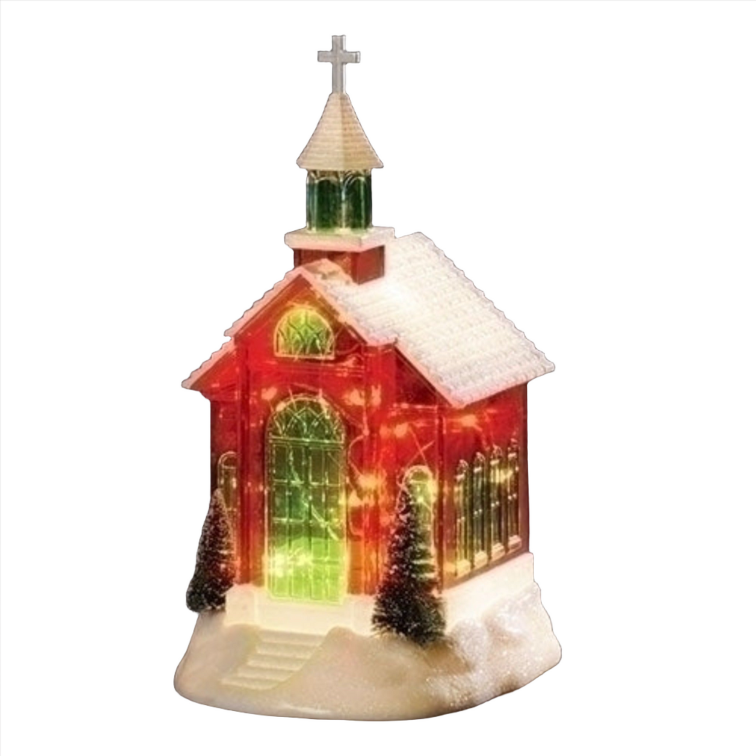 Roman LED Red Church with Green Accents 10.75 Inches