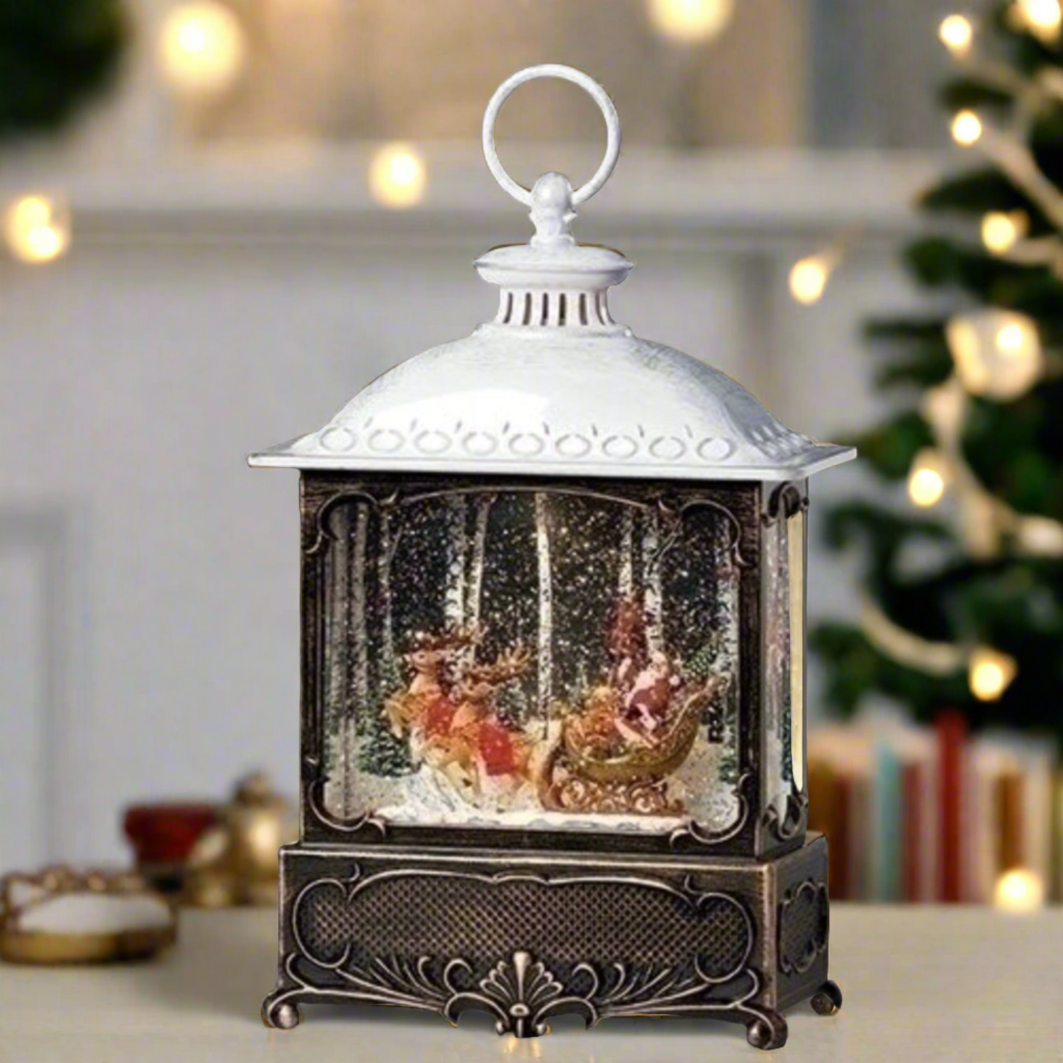 Roman Santa Sleigh Led Swirl Lantern With Printed Art