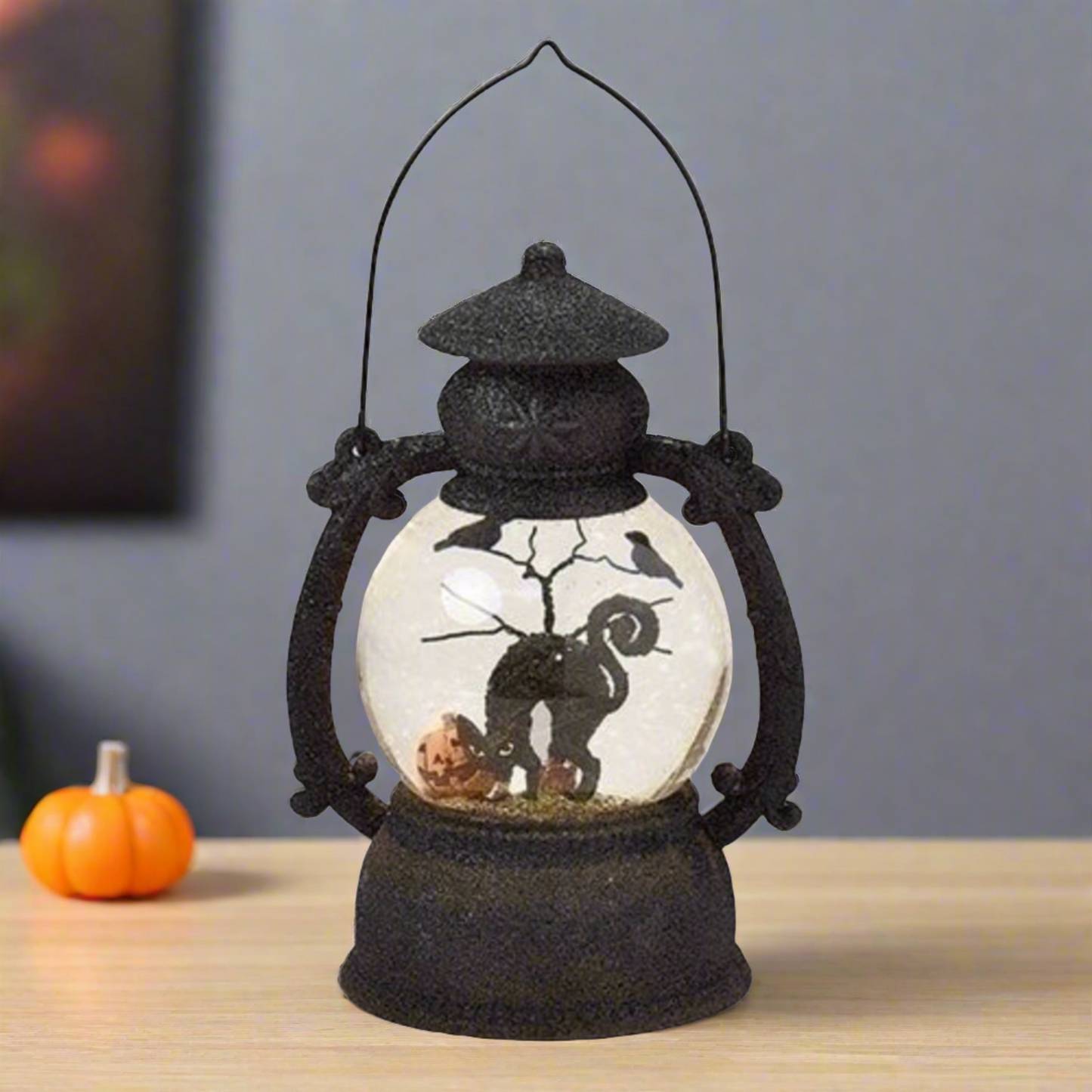 Roman Black Cat Halloween LED Swirl Lantern Water Dome