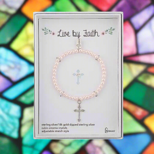 Live By Faith Light Pink Pearl 6" Stretch Sterling Silver Cross & Gift Box by Roman