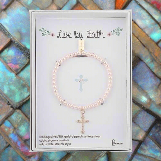 Live By Faith Pink Pearl 6" Stretch 18k Gold-Dipped Sterling Silver & Gift Box by Roman