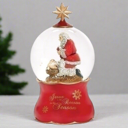 Santa Claus Kneeling Before Baby Jesus Musical 100MM Dome