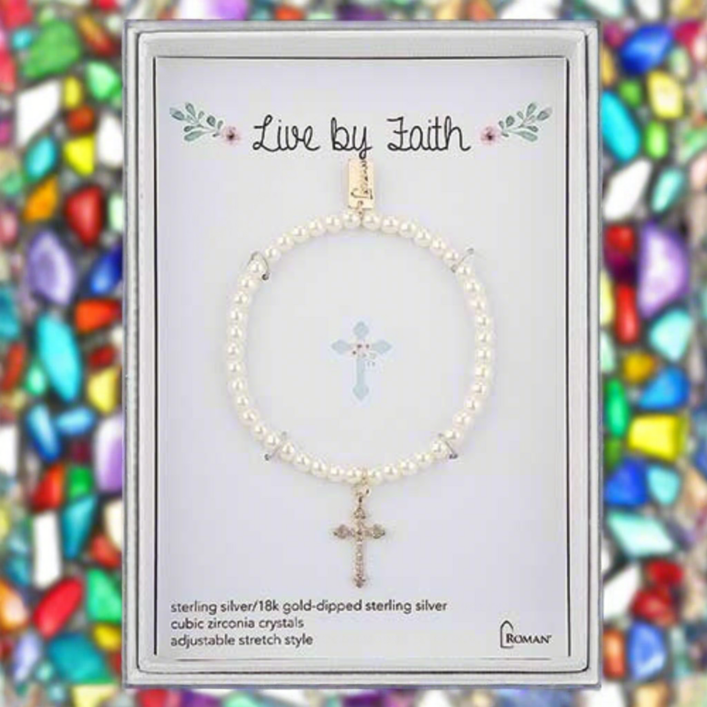 Live By Faith White Pearl 6" Stretch 18k Gold-Dipped Sterling Silver & Gift Box by Roman