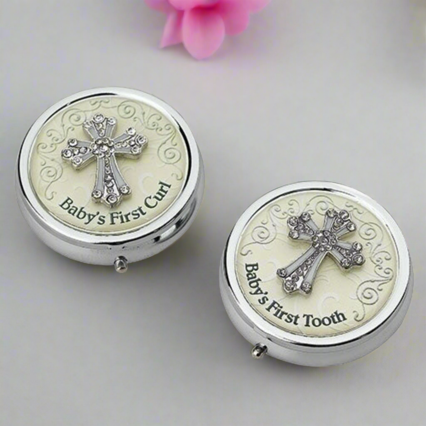 Roman Set of 2 Enamelled Round Boxes Tooth and Baby's First Curl