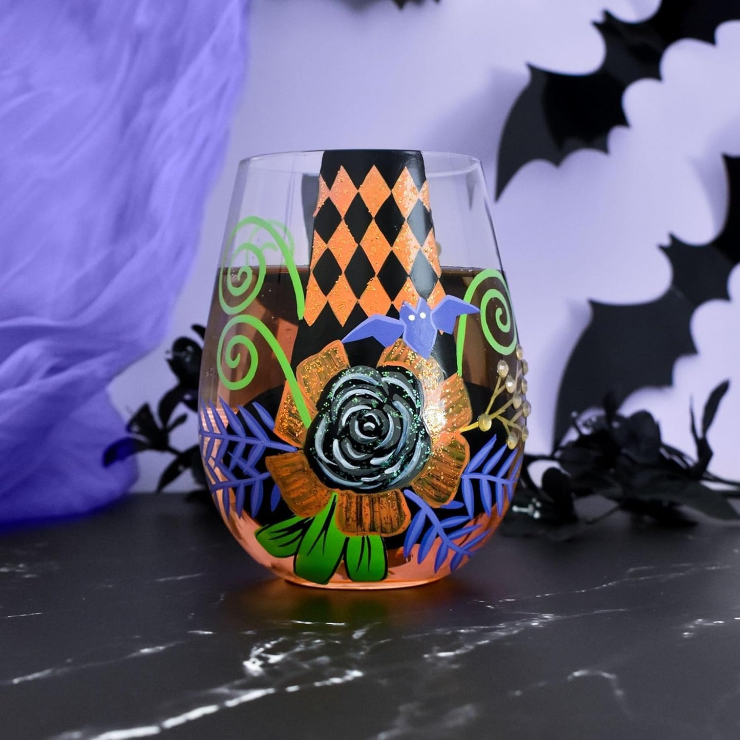 Lolita Halloween My Fancy Witch Hat Hand-Painted Stemless Wine Glass