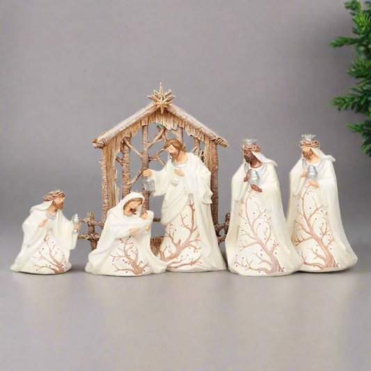 9.5" H nativity berry branch 6 piece set light emitting diode (LED) lantern battery operated not included.