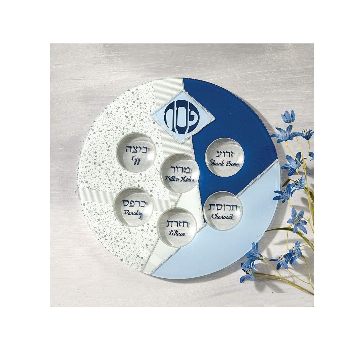 Blue Glass Seder Plate with Silver Glitter Accents