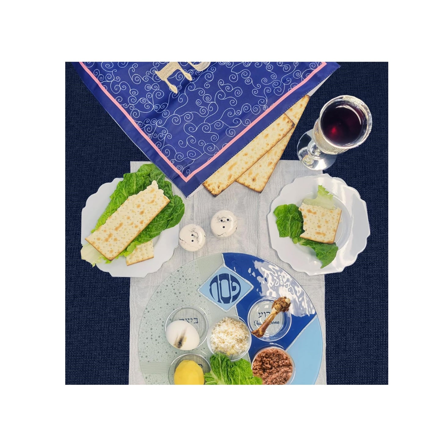 Blue Glass Seder Plate with Silver Glitter Accents