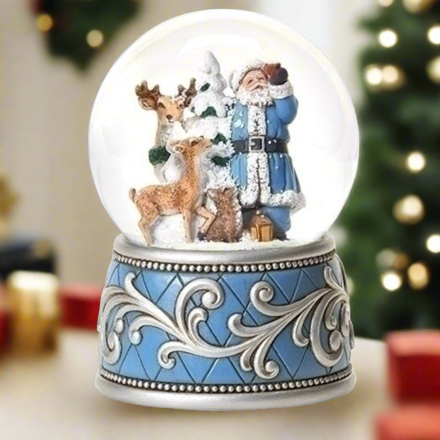 Blue Santa and Reindeer Snowglobe by Roman