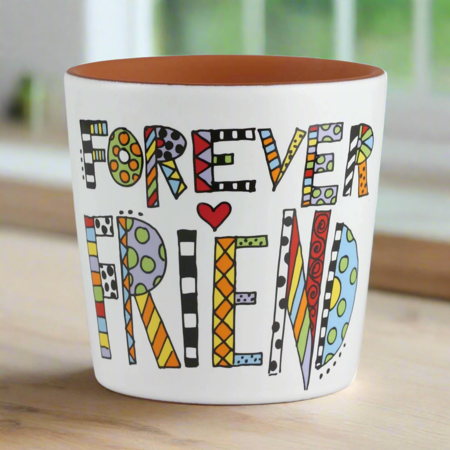 Cuppa Doodles Forever Friend Planter by Our Name Is Mud Message reads: "Forever Friends", "Take Care of Your Buds"