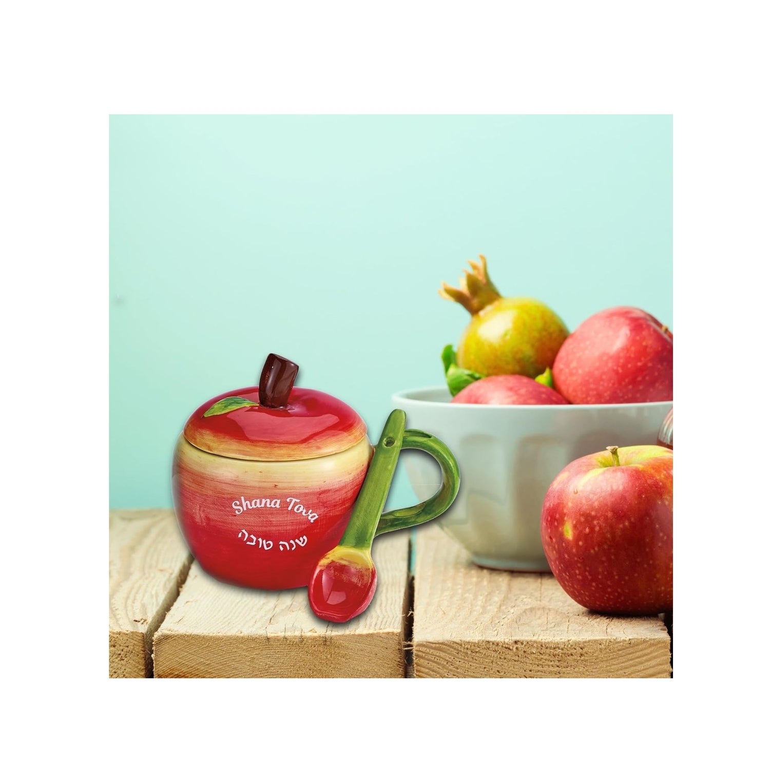 Ceramic "Shana Tova" Apple Honey Dish With Spoon