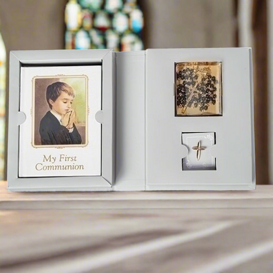 Communion 4PC Boy Grey Folder Set With Book, Rosary and Pin