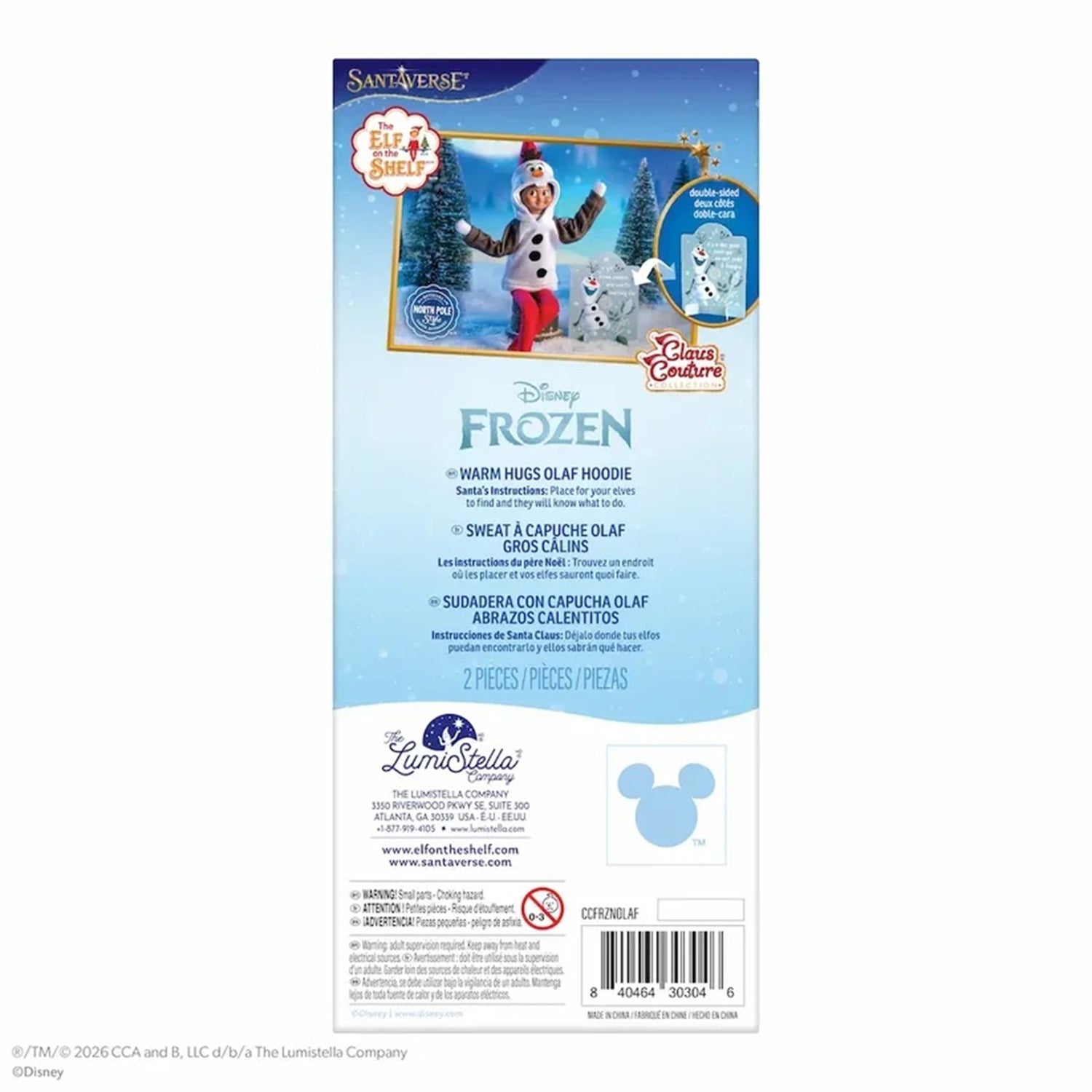 The back of a Disney Frozen warm hugs olaf package, showing product features, instructions, and a barcode on a white background.