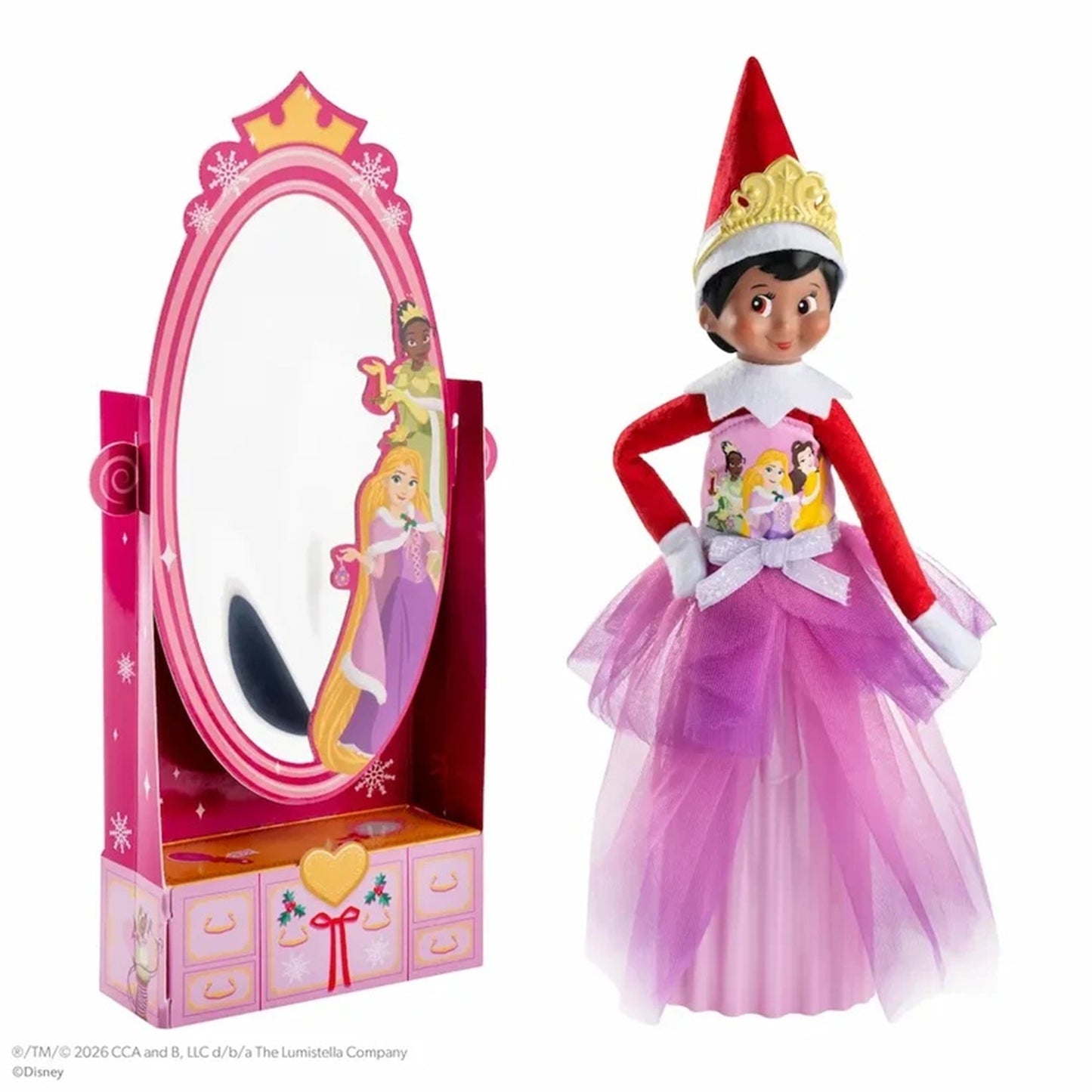 Elf on the Shelf Disney Princess set featuring a doll dressed as Cinderella with a red and purple tulle gown, white collar, and gold crown, shown next to a matching pink vanity mirror box with Disney Princess artwork.