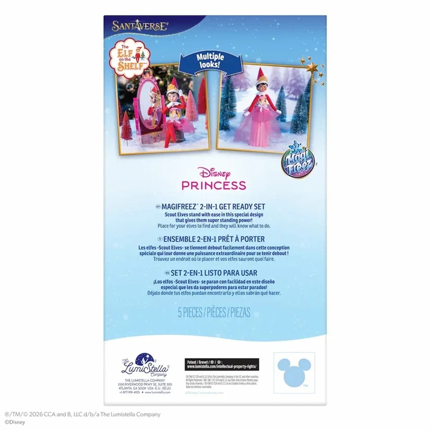 Disney Princess Get Ready Set packaging insert card, featuring Santa Ververde branding, character illustrations of Cinderella and Snow White in pink dresses, and product details for a 5-piece multiple locker set.