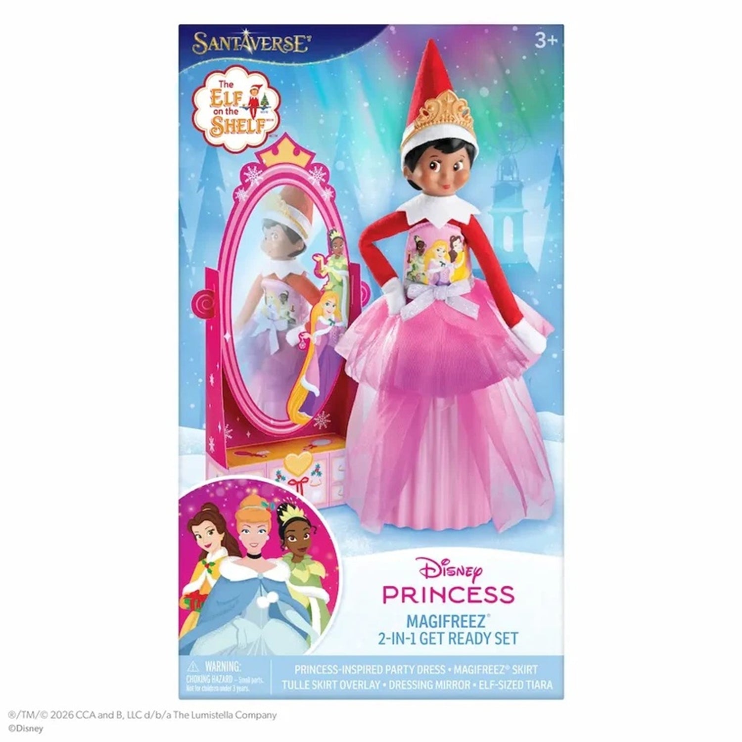 Disney Princess Elf on the Shelf Magifreez 2-in-1 Get Ready Set toy in its retail packaging, featuring the elf doll with a red and pink dress, a mirror, and character graphics on a white background.
