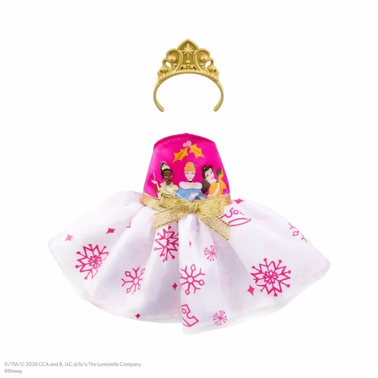 A miniature doll dress accessory set featuring a white tulle skirt with pink snowflake patterns, a bright pink bodice with character illustrations, a gold ribbon bow, and a gold tiara on a white background.