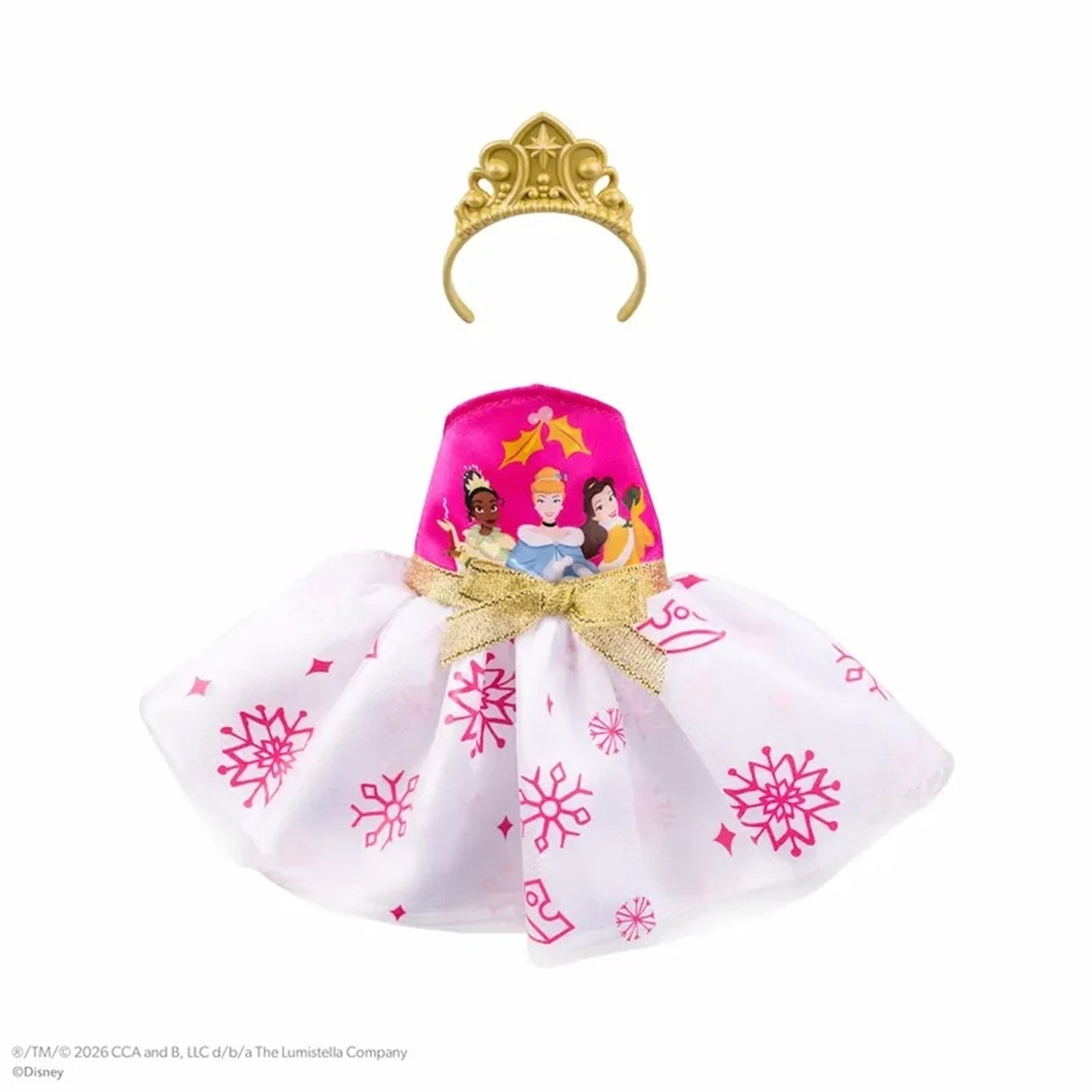 A miniature doll dress accessory set featuring a white tulle skirt with pink snowflake patterns, a bright pink bodice with character illustrations, a gold ribbon bow, and a gold tiara on a white background.
