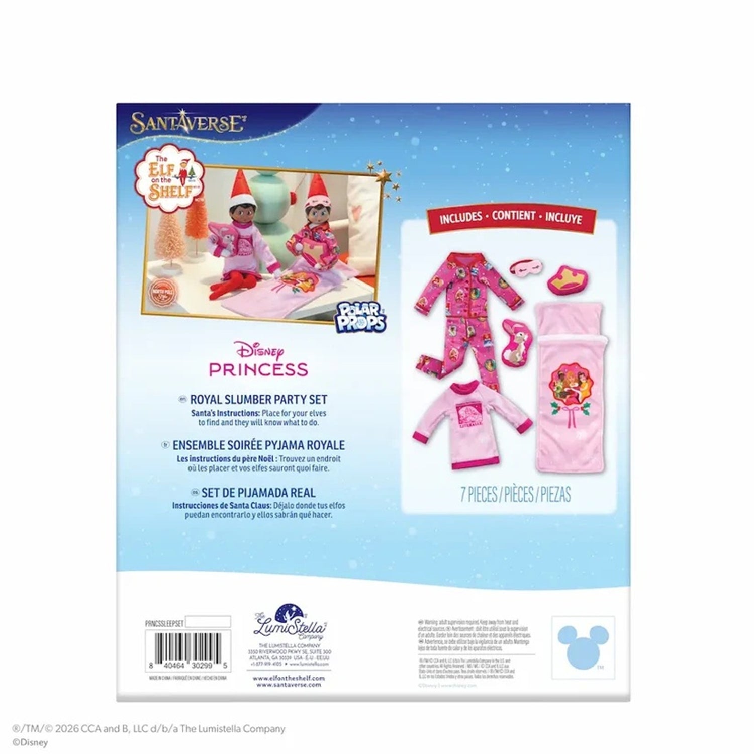 Disney Princess Royal Slumber Party Set packaging by SantaVerse, showing the back of the box with product contents including pajamas, a blanket, hat, and accessories on a white and blue background.