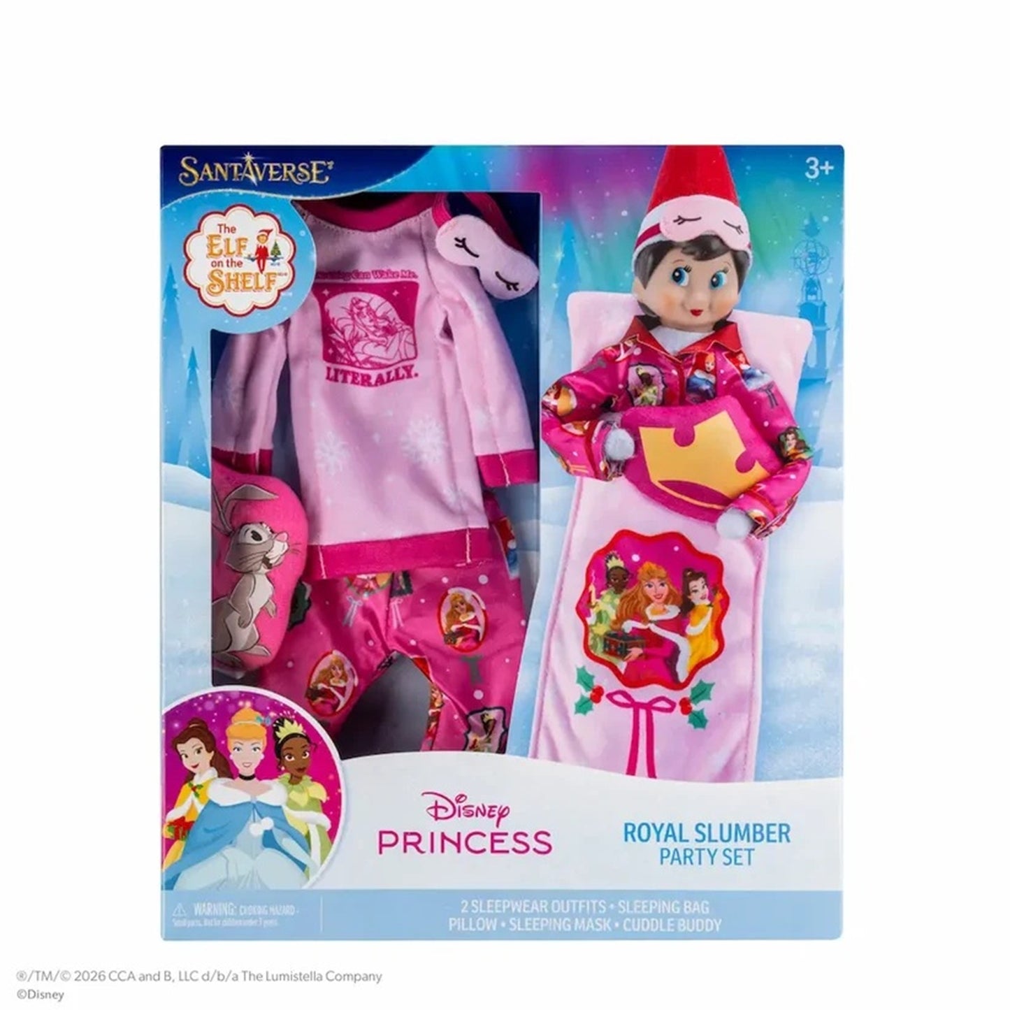 Disney Princess Royal Slumber Party Set in its original retail packaging, featuring a pink elf outfit, matching pajamas, a pink sleeping bag, and a sleeping mask with character graphics.