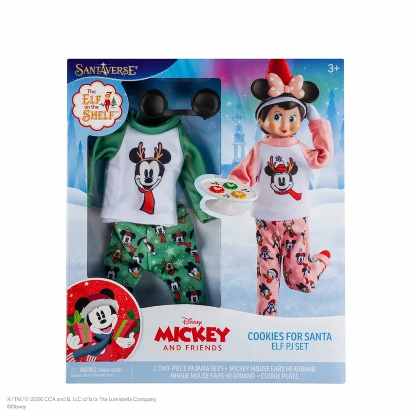 Disney Mickey and Friends Cookies for Santa Elf PJ Set in retail packaging, featuring a Santa elf figure in green pajamas and a Mickey Mouse character in pink pajamas, with Santa hat and a small toy plate.
