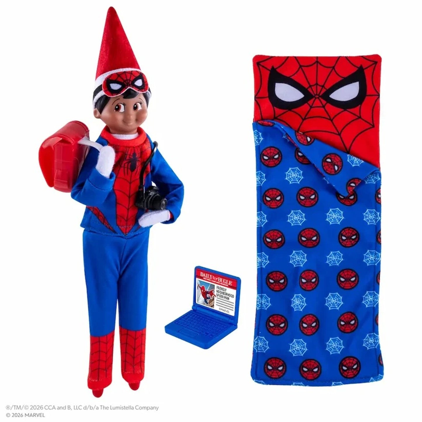 Marvel Spider-Man themed elf-in-a-star outfit set featuring a Spider-Man dressed elf holding a red star, a blue and red Spider-Man sleeping bag, and a small blue alarm clock on a white background.