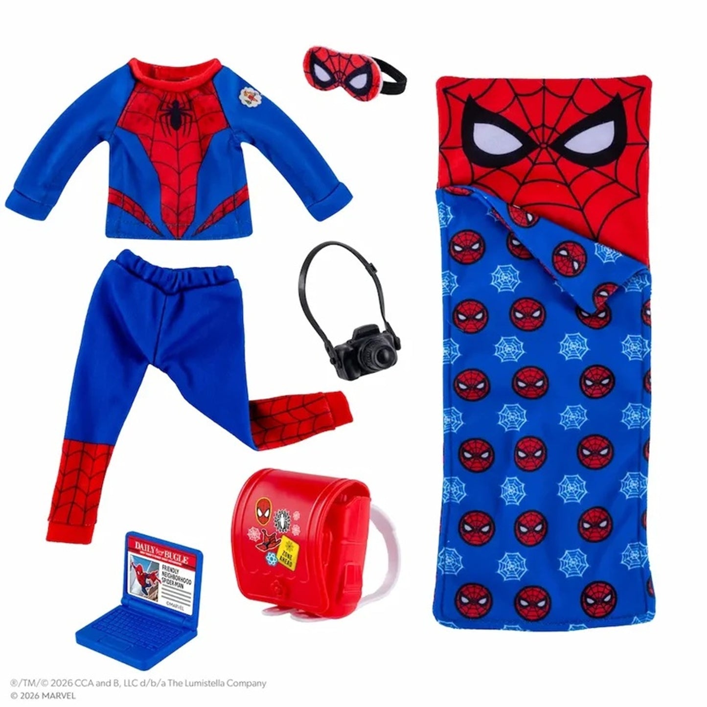 A Spider-Man themed children's costume set laid out on a white background, including a blue and red long-sleeve top, matching pants, a red and black mask, a blue sleeping bag with Spider-Man face print, a red backpack, a small red toy laptop, and a black headset.