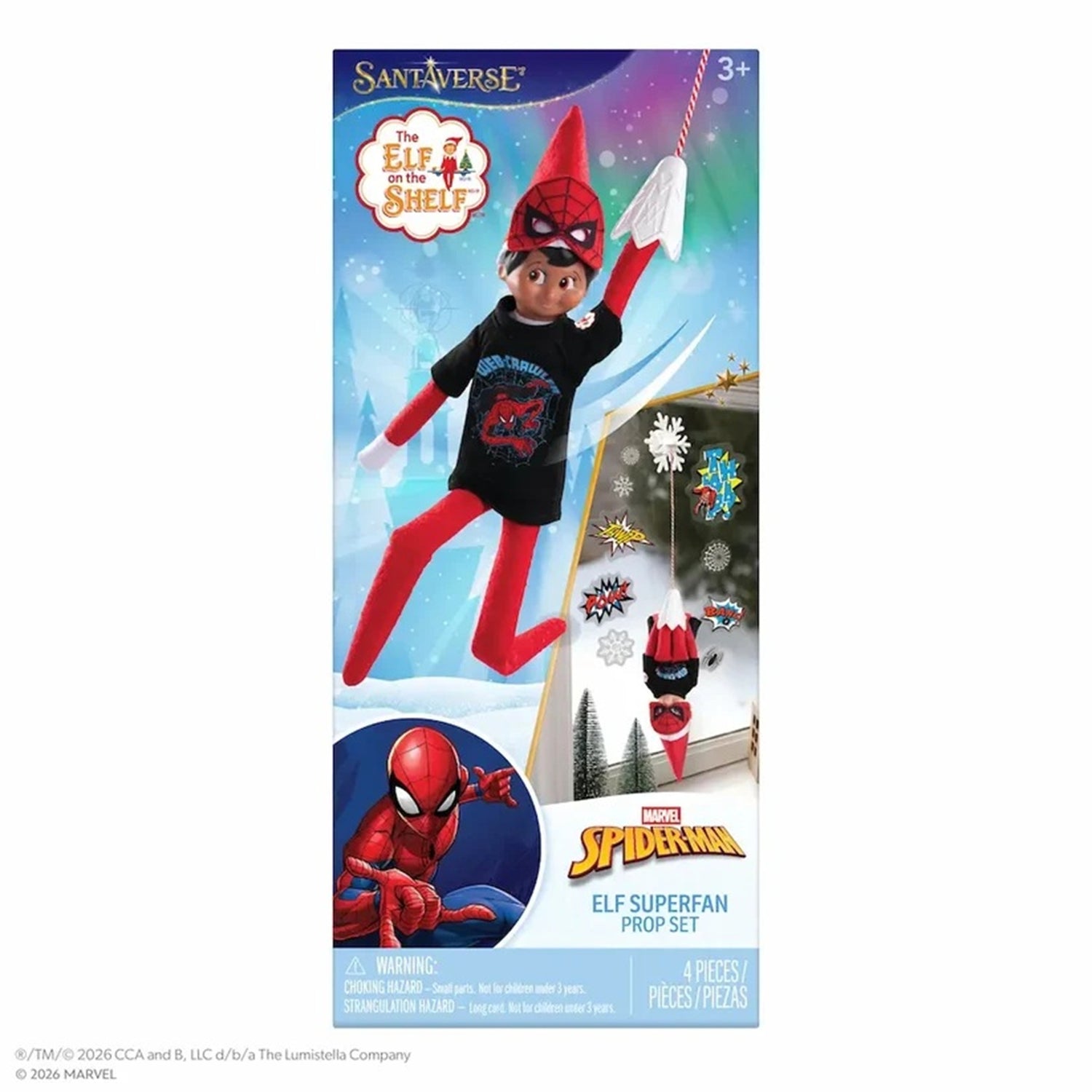 The Elf on the Shelf Elf Superfan Prop Set by Marvel and SantaVerse, containing 4 pieces, shown in its retail packaging against a white background.