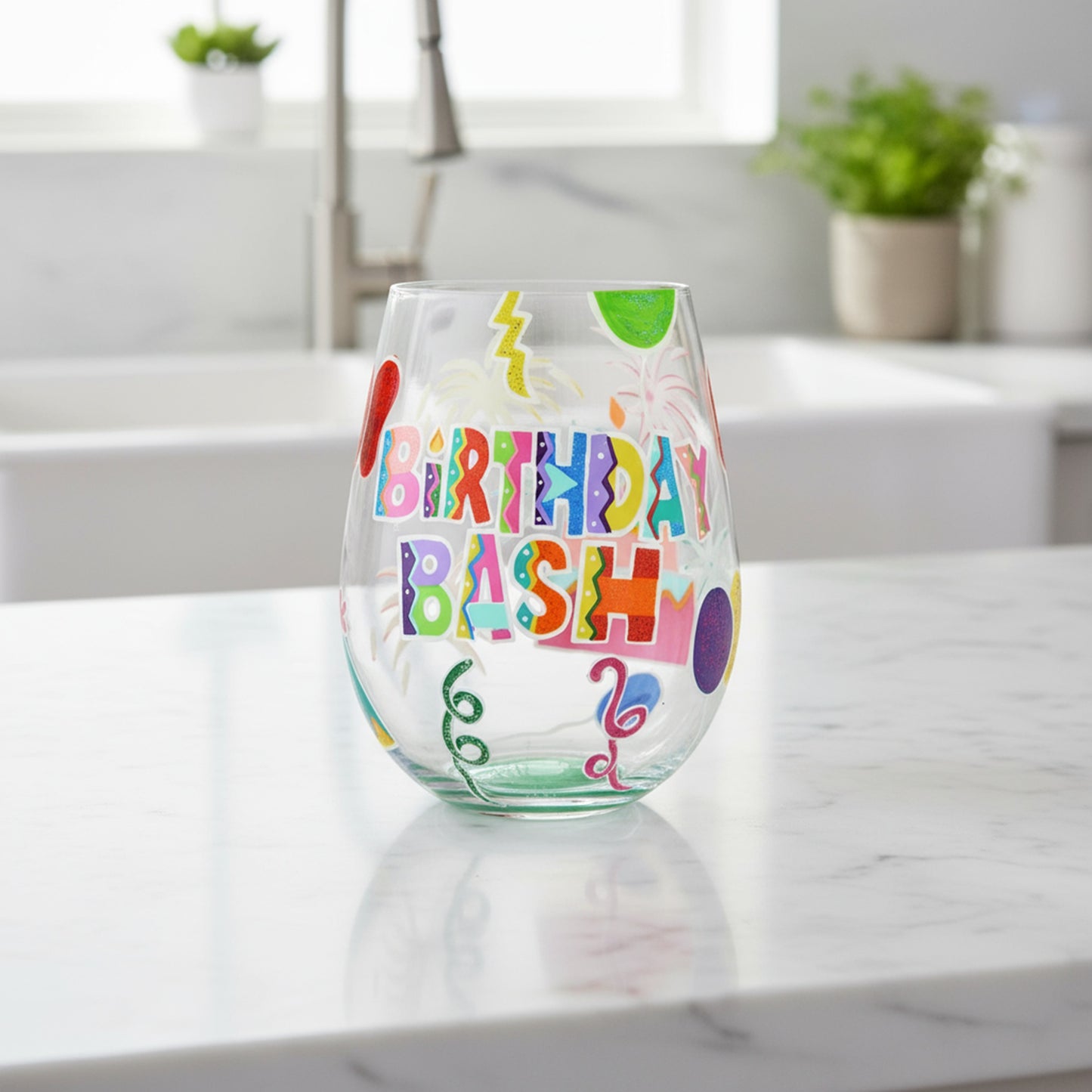 Enesco Designs by Lolita Birthday Bash Hand-Painted Artisan Stemless Wine Glass, 20 Ounce