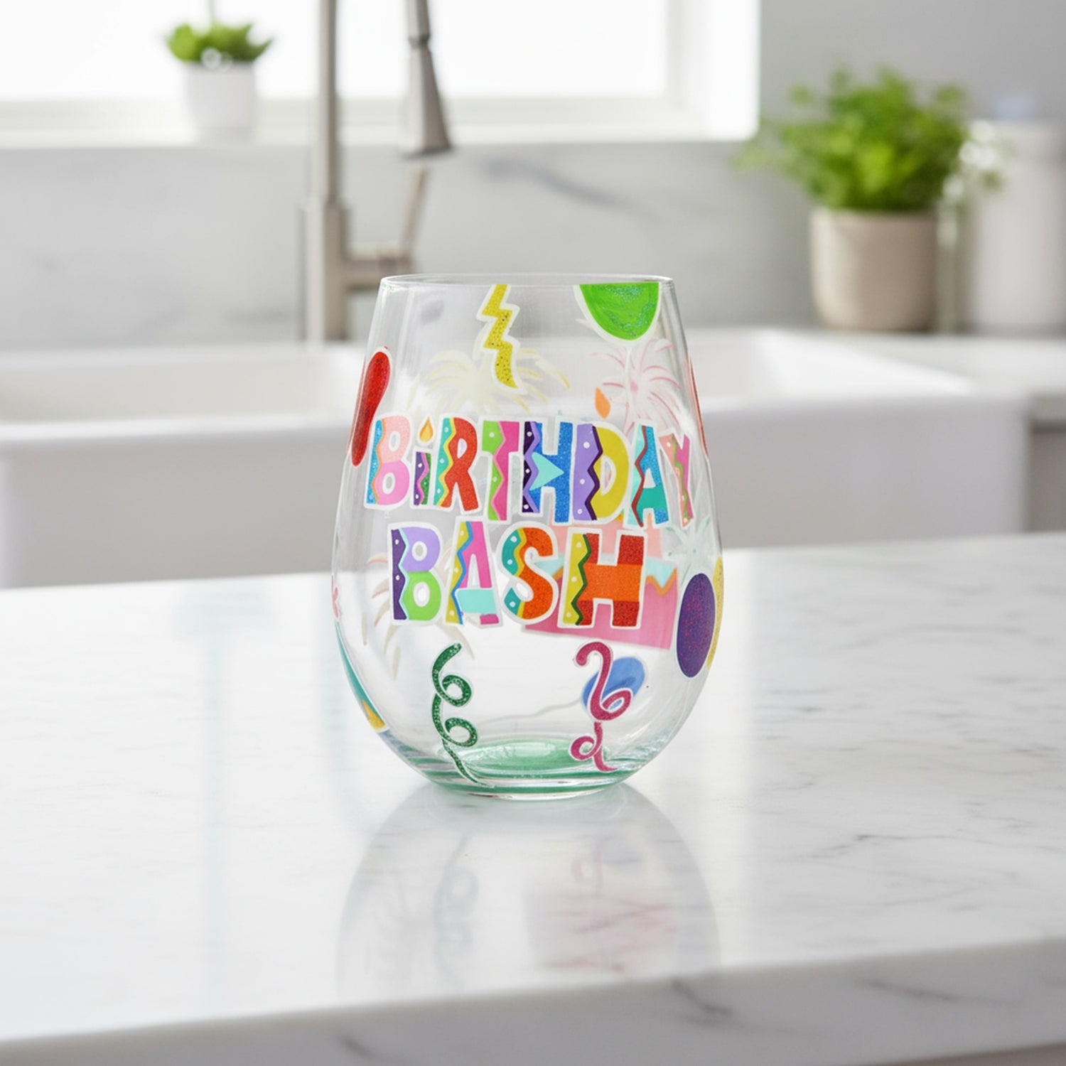 Enesco Designs by Lolita Birthday Bash Hand-Painted Artisan Stemless Wine Glass, 20 Ounce