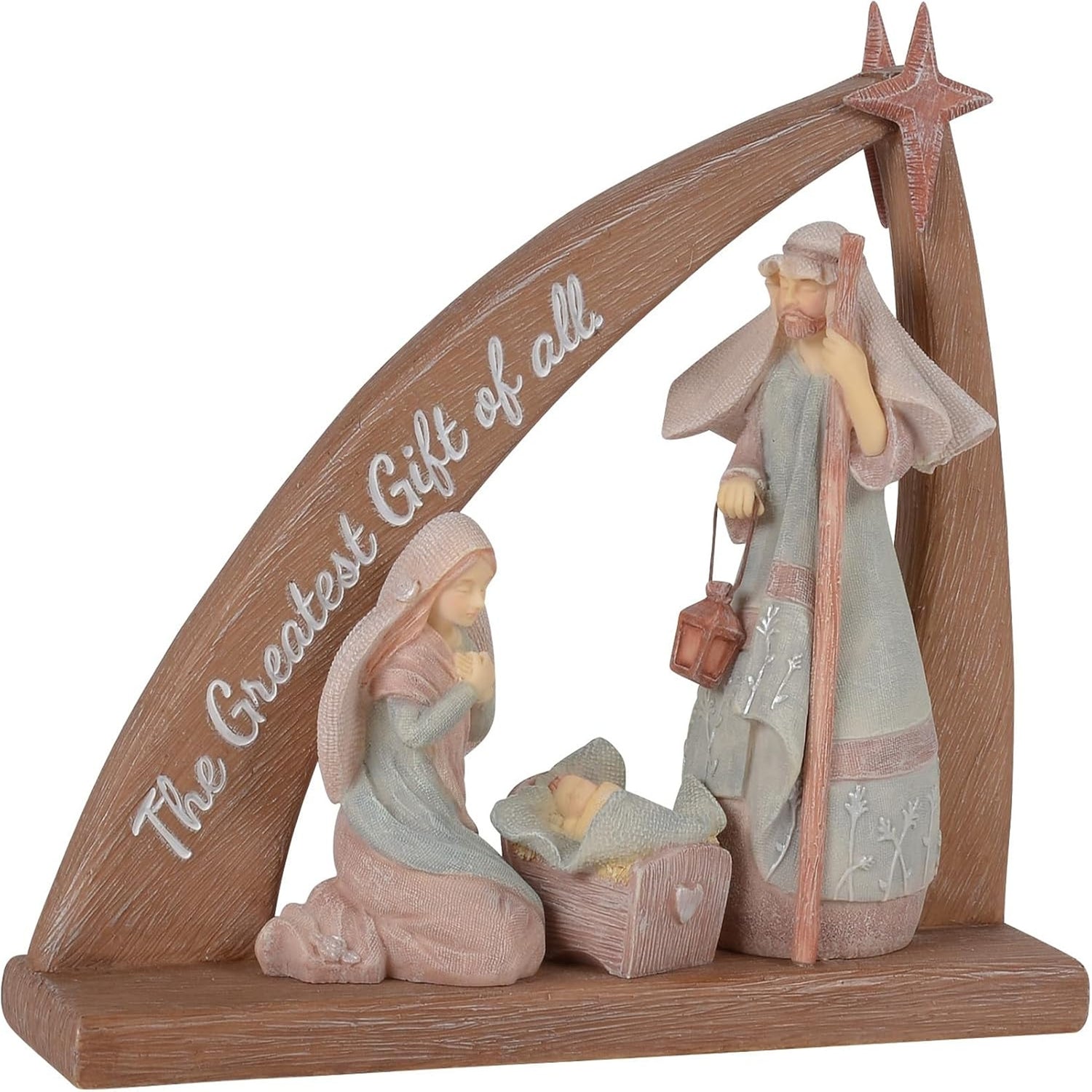 Wooden nativity scene figurine with Mary, Joseph, baby Jesus in a manger, and a star, on a white background. The arch reads 'The Greatest Gift of all.