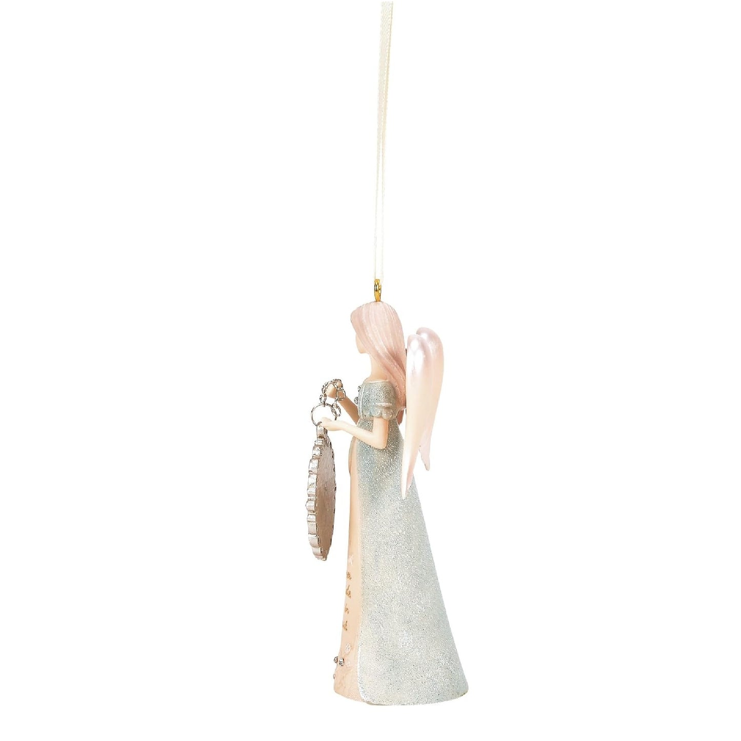 A hanging angel ornament with a long pale pink dress, translucent wings, and a silver glittery body, suspended by a white ribbon against a plain white background.