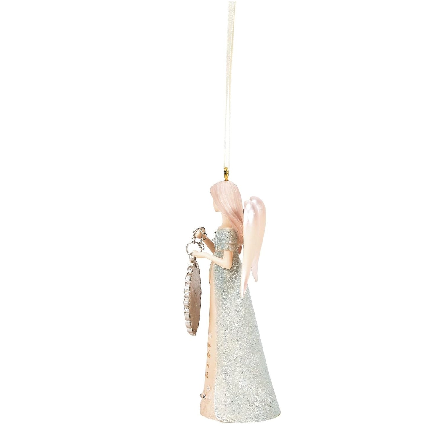 A hanging angel ornament with a long pale pink dress, translucent wings, and a silver glittery body, suspended by a white ribbon against a plain white background.