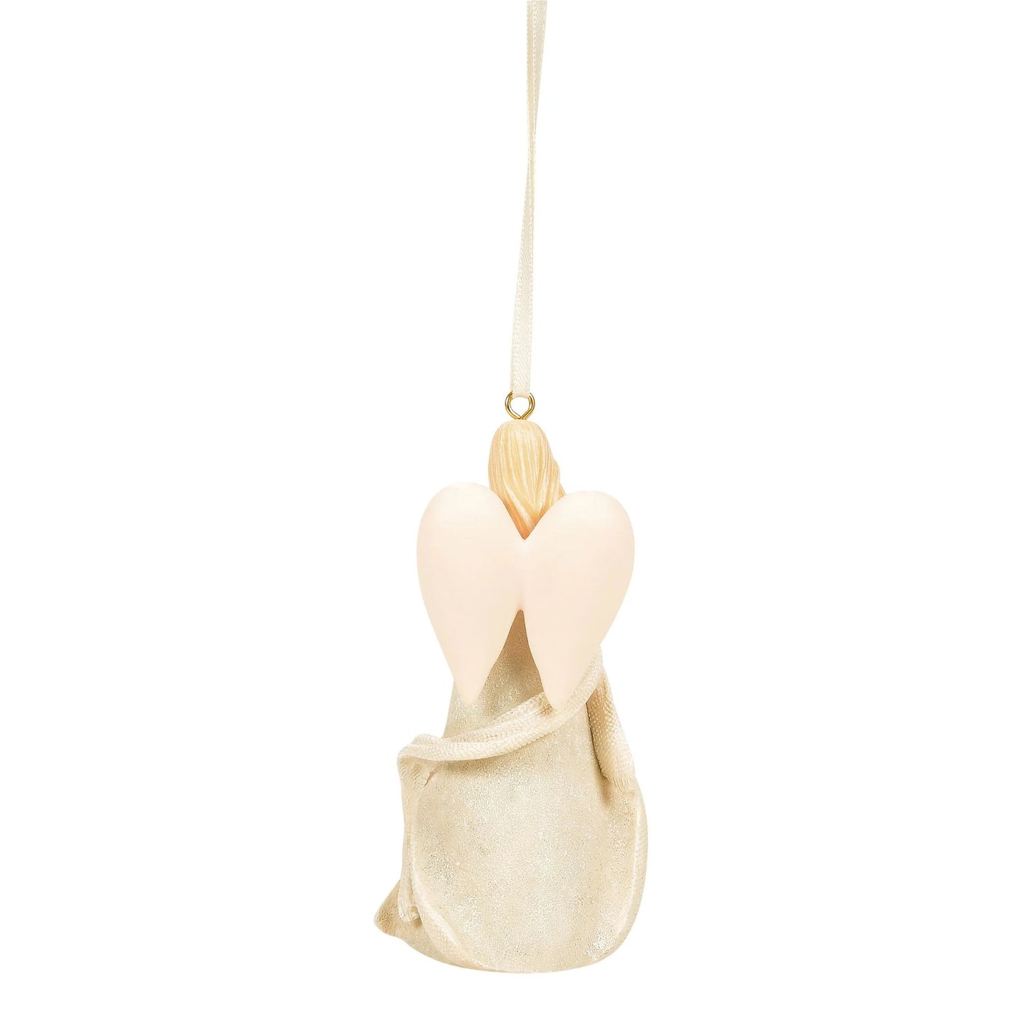 A hanging ornament shaped like a pair of ballet slippers, with a pale pink upper and a textured cream lower section, suspended by a thin cream ribbon against a plain white background.