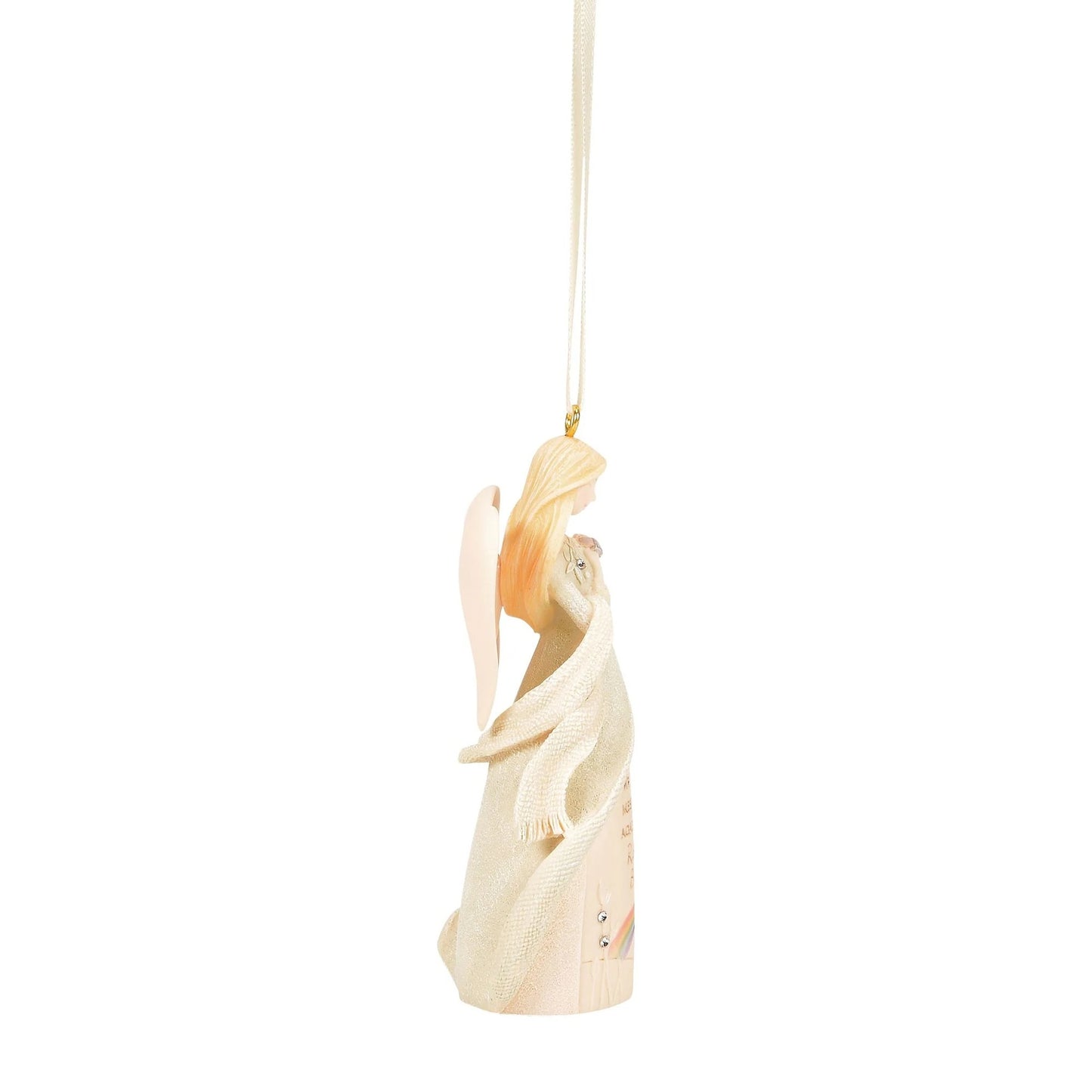 A hanging angel ornament in a soft cream and pale peach tone, shown against a plain white background with a white hanging loop.