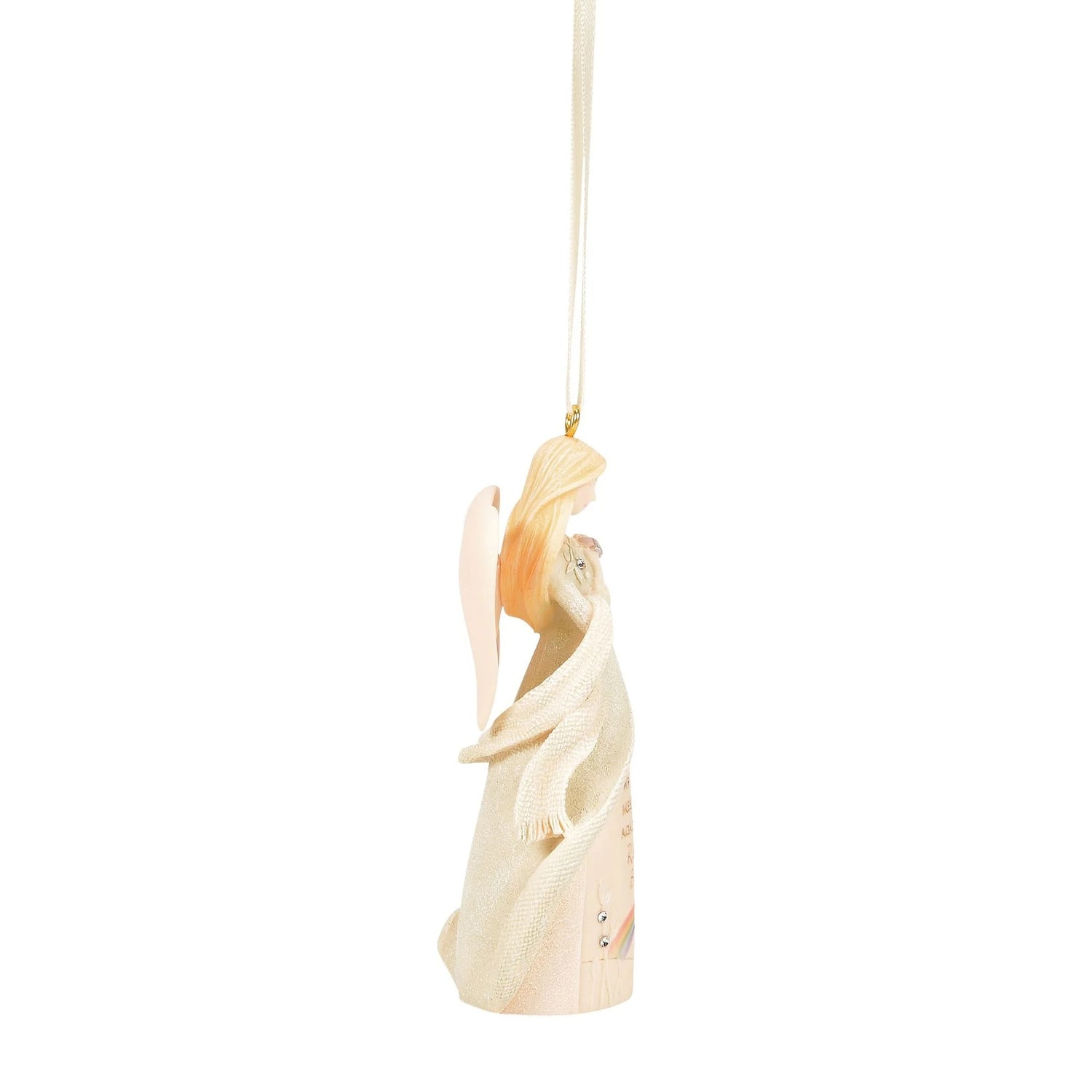 A hanging angel ornament in a soft cream and pale peach tone, shown against a plain white background with a white hanging loop.